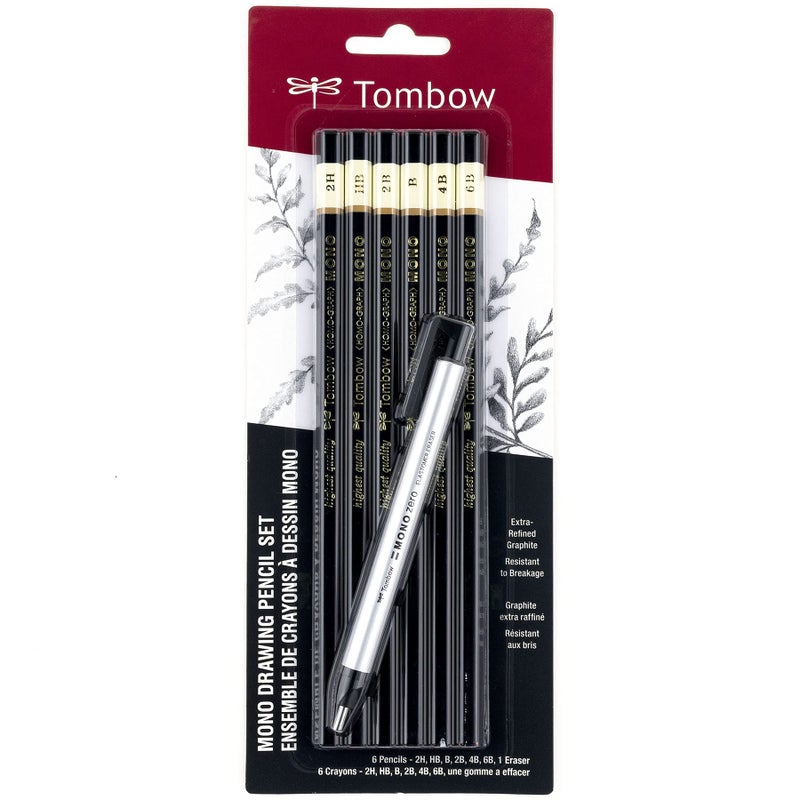 Tombow 61002 Mono Drawing Pencil, Combo Pack with Zero Eraser, Graphite 6-Pack, Black, 0.5mm - Image 1